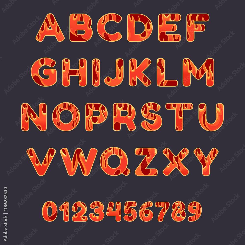 Fototapete fire alphabet font on dark background. capital letters and numbers with flame effect