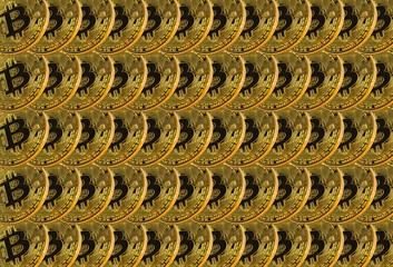 Many shiny gold bitcoin coins for background or texture