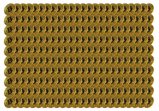 Many shiny gold bitcoin coins for background or texture