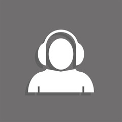 Man in headphones. White vector icon on a gray background with a shadow.