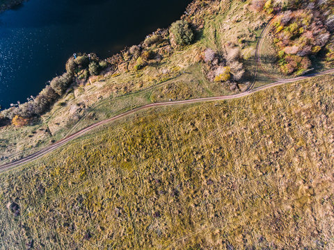 Golden red sunlight AERIAL view, Russia, River, small town, bridge