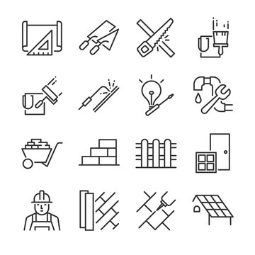 Home renovation icon set. Included the icons as paint, wall, roof, saw, construction, plan, floor and more.
