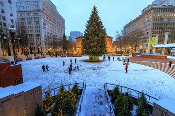 Pioneer Courthouse in Pioneer Square with Christmas tree