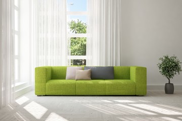 Idea of white room with sofa and summer landscape in window. Scandinavian interior design. 3D illustration