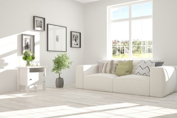 Idea of white room with sofa and summer landscape in window. Scandinavian interior design. 3D illustration