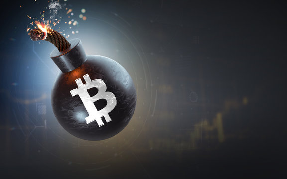 A Bitcoin sign on a burning bomb. Dark background. 3D rendering