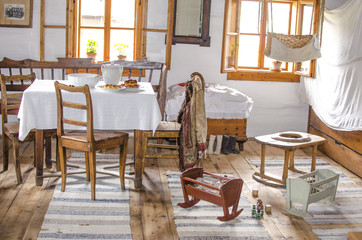 Old interior in traditional Slovakia log cabin