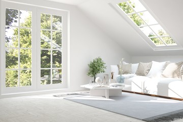 Fototapeta na wymiar Idea of white room with sofa and summer landscape in window. Scandinavian interior design. 3D illustration