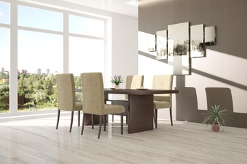 White dinner room with summer landscape in window. Scandinavian interior design. 3D illustration