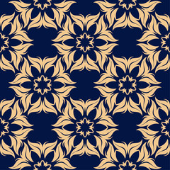 Golden floral seamless pattern on blue background