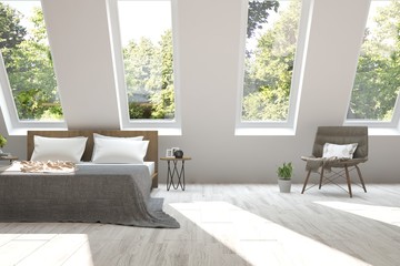 Inspiration of white minimalist  bedroom with summer landscape in window. Scandinavian interior design. 3D illustration