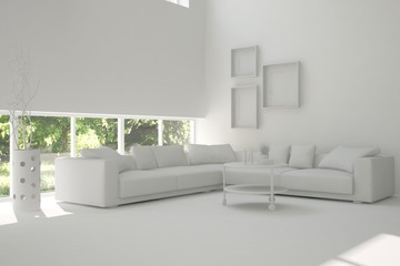 Idea of white room with sofa and summer landscape in window. Scandinavian interior design. 3D illustration