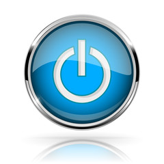 Blue round media button. POWER button. Shiny icon with chrome frame and with reflection