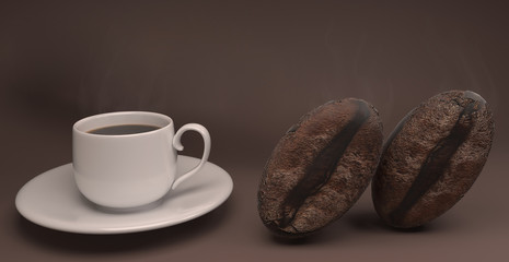 3D rendering cups with hot coffee