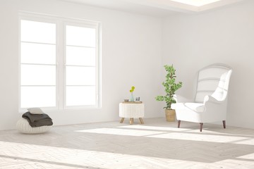 Inspiration of white minimalist room with armchair. Scandinavian interior design. 3D illustration