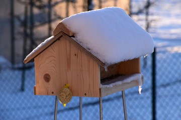 aus Holz gemachtes Vogelhaus auf Edelstahl befestigt in Winter