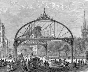Dr. R.H. Gilbert project of a covered atmospheric elevated railway for New York City transit. Proposed in 1872 but never built, vintage engraving