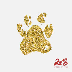 Symbol of 2018 new year. Calligraphic hand drawn stylized yellow dog foot silhouette of golden confetti. Bright glitter particles template object for design branding. Vector illustration.
