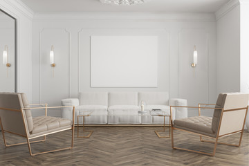 Fototapeta premium White waiting room, poster, and armchairs