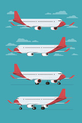 Airplane flying in sky and landed aircraft. Vector illustration
