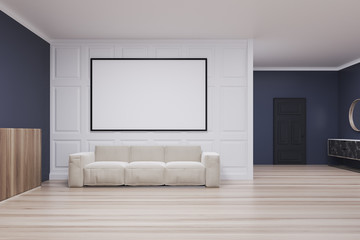 Blue and white living room, poster and sofa
