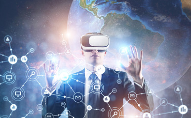 Businessman in VR glasses, global network