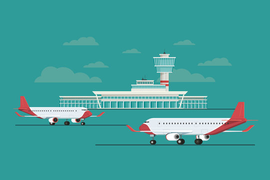 Plane at Airport arrivals and departures travel, Vector Illustration