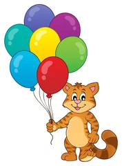 Foto op geborsteld aluminium Dieren met ballon Happy party kat thema afbeelding 1