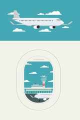 View plane window at Airport arrivals and departures travel sky and clound background bule, Vector Illustration