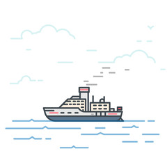 Motor vessel ship with steam pipe in the sea. Trendy line vector illustration. Big boat on water. Oceanic ship traveling concept. Water transport.