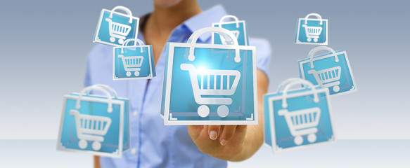 Businesswoman using digital shopping icons 3D rendering