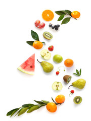 Various  fruits isolated on white background, top view, flat layout. Concept of healthy eating, food background. Frame of fruits with space for text.