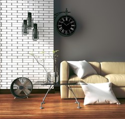 Loft style - Living room interior design with sofa fan lamp and table on white brick wall. 3D...
