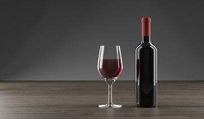 3D Rendering Of Stylish Wine Bottle And Glass Full OF Wine On Dark Oak Wooden Surface And Empty Space