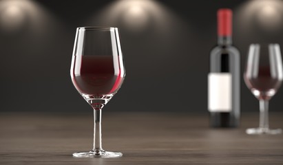 3D Rendering Of Stylish Wine Bottle And Glass Full OF Wine On Dark Oak Wooden Surface And Empty Space