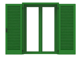 Window open with green venetian shutters, closeup front view, 3D rendering.