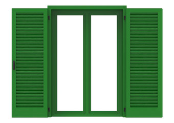 Window open with green venetian shutters, closeup front view, 3D rendering.