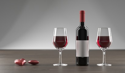 3D Rendering Of Stylish Wine Bottle, Hearts And Glass Full OF Wine On Dark Oak Wooden Surface And Empty Space