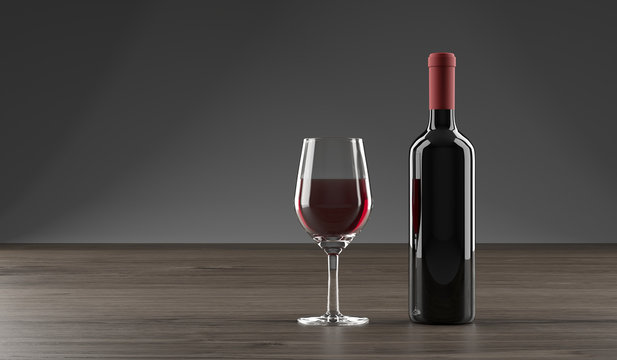 3D Rendering Of Stylish Wine Bottle And Glass Full OF Wine On Dark Oak Wooden Surface And Empty Space