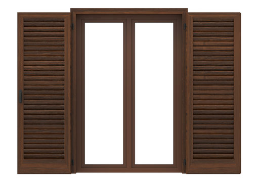 Window open with wood venetian shutters, closeup front view, 3D rendering.