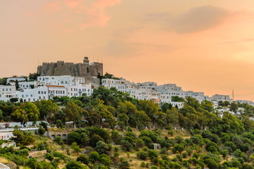 Fototapeta premium Panorama of scenic Patmos island. View of Chora town at sunset, Patmos island, Greece