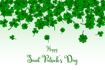 Obraz premium Happy Saint Partick's Day with falling shamrocks. St.Patricks vector card with clovers in green color. Vector illustration.