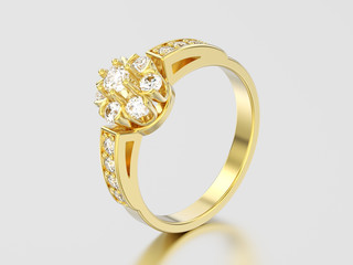 3D illustration yellow gold decorative flower diamond ring