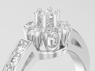 3D illustration close up white gold or silver decorative flower diamond ring