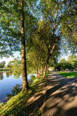 high water level in river Gauja, near Valmiera city in Latvia. summer trees surrounding