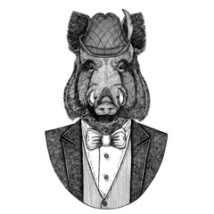 German tirol hat Bavarian national hat Aper, boar, hog, wild boaraper, boar, hog, wild boar Hand drawn image for t-shirt, tattoo, emblem, badge, logo, patch