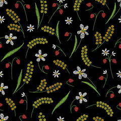 Embroidery seamless floral pattern with field flowers, leaves and strawberry