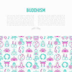 Buddhism concept with thin line icons: yoga, meditation, Buddha, Yin-Yang, candles, Aum letter, aromatherapy, pagoda, temple. Modern vector illustration for web page template.