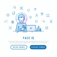 Face ID concept with thin line icons: face recognition, scanning, mobile authentication, approved, disapproved, face detect. Modern vector illustration, template for web page.
