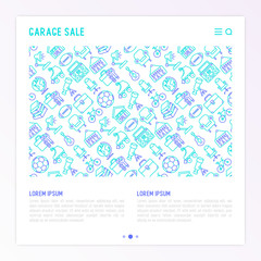 Garage sale concept with thin line icons: signboard, globe, telescope,guitar, rollers, armchair, toolbox, soccer ball. Modern vector illustration for banner, print media, web page.